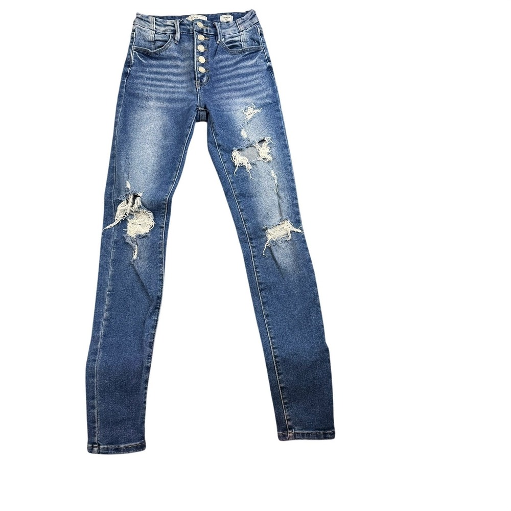 Kan Can Signature Women High Rise Skinny Jeans Distressed Medium Wash Button Fly